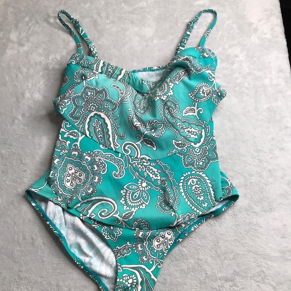 Jantzen Blue Paisley Print Layered Front One Piece Bathing suit Size 12